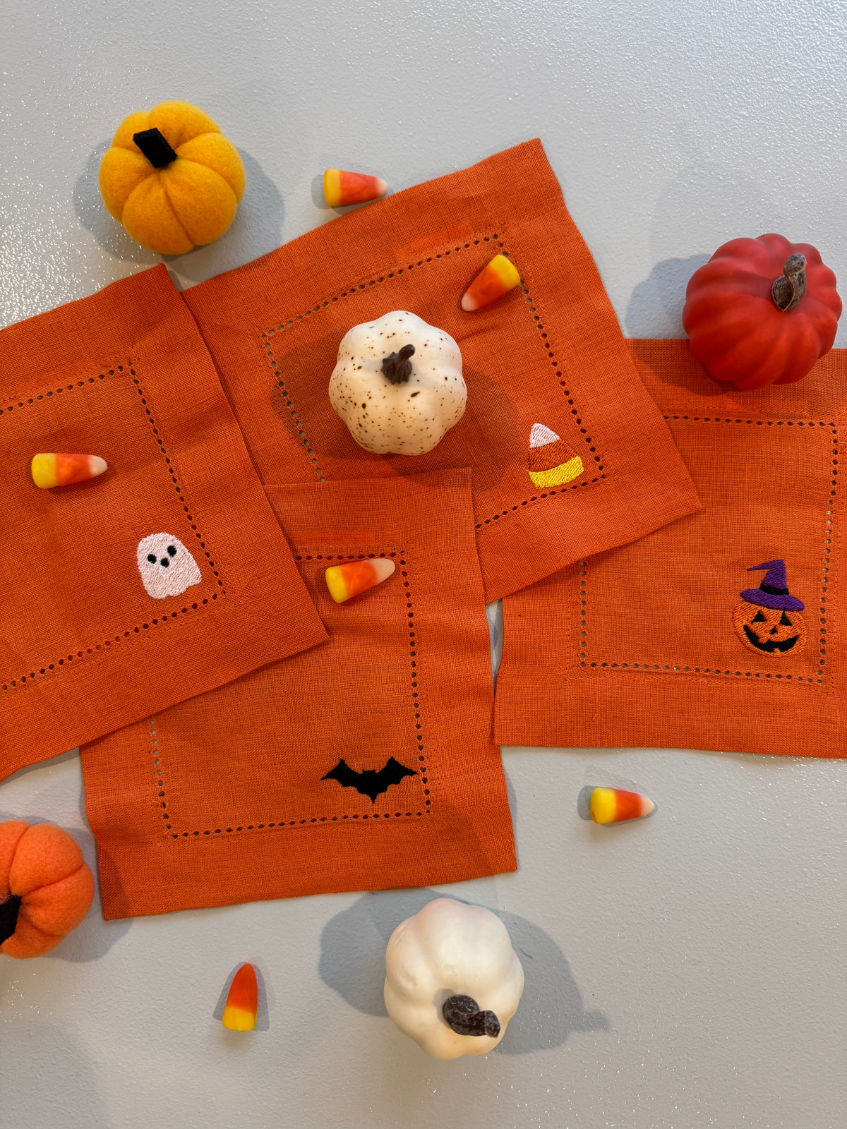 Set of 4 Halloween Embroidered Linen Cocktail Napkins