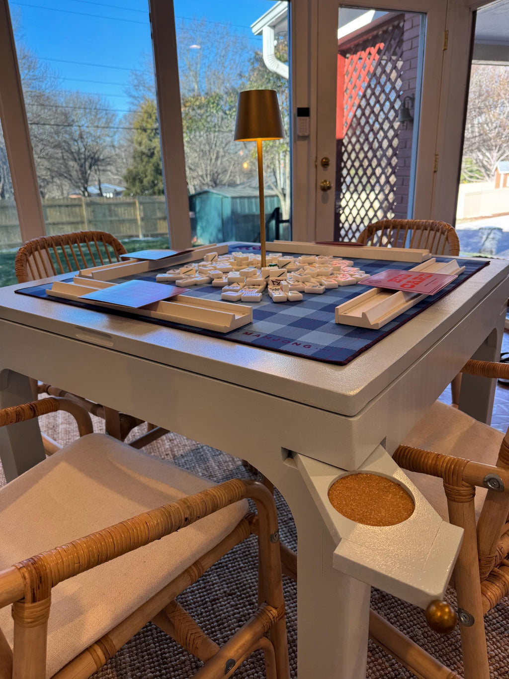 Drift Game Table side profile showing arched leg silhouette and ¾-inch tabletop