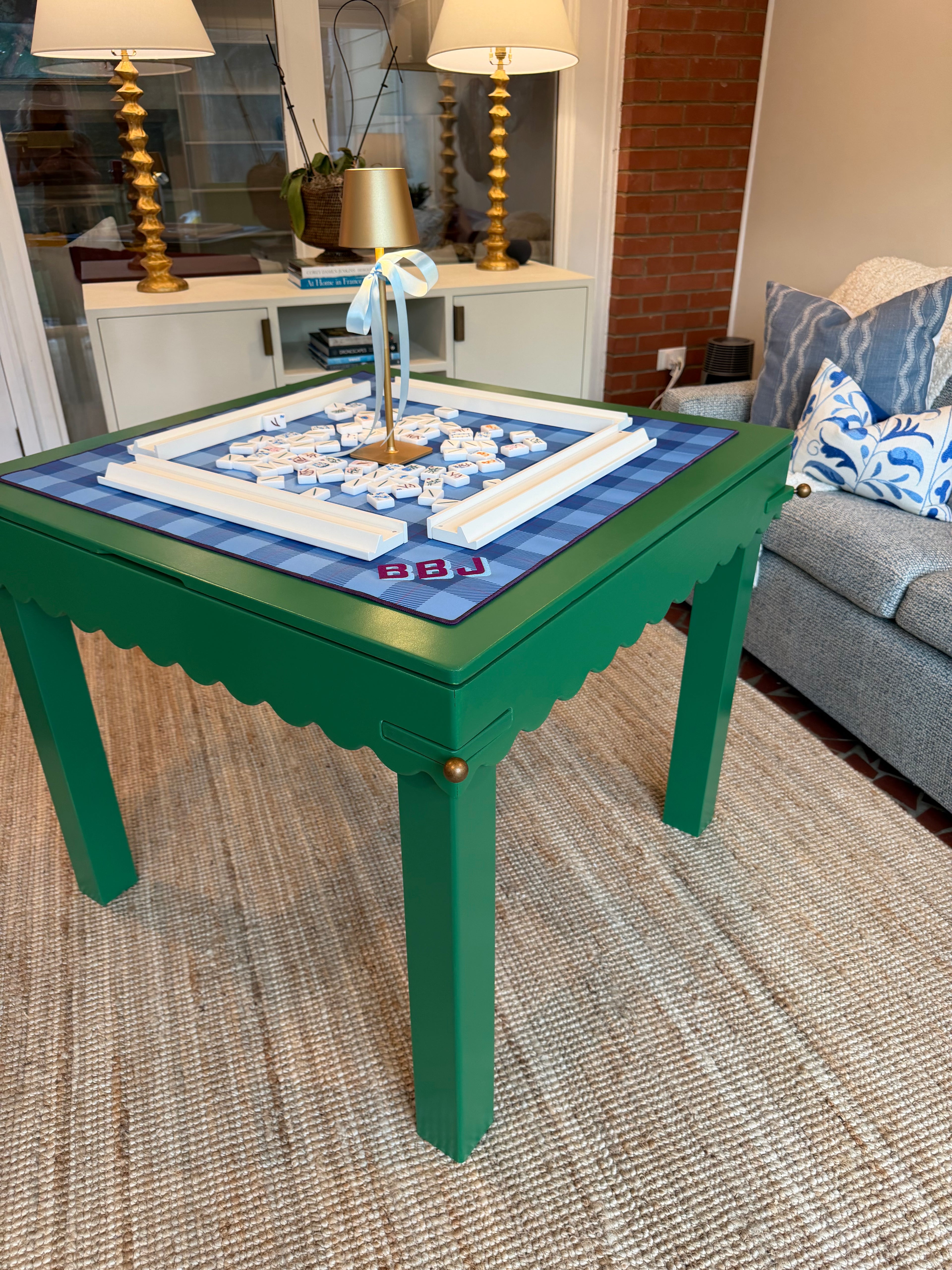 Lotus Game Table – handcrafted wood mahjong table with scalloped lotus petal edge, custom painted