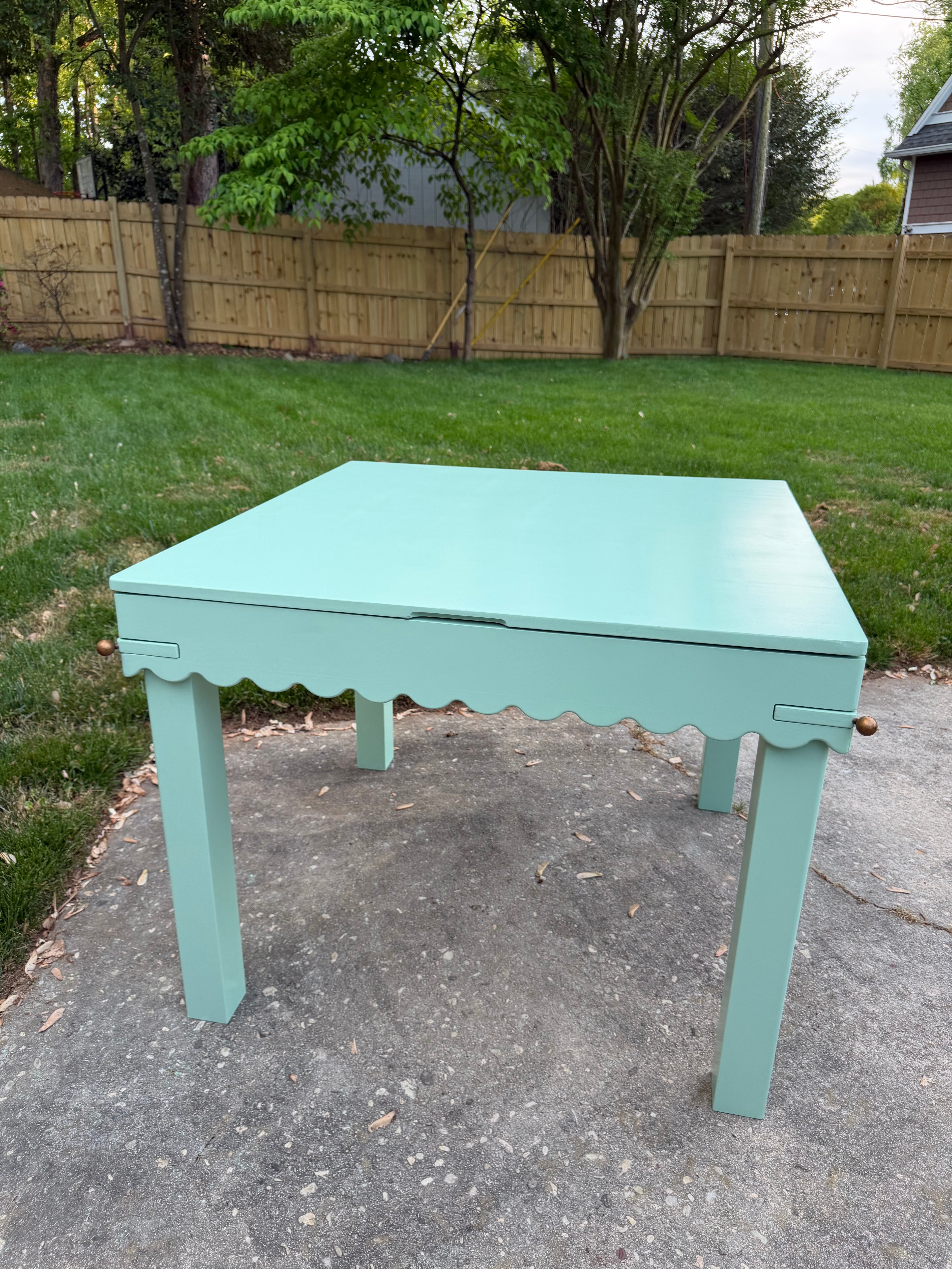Lotus Game Table full view showing lotus petal scalloped edge and 36x36 playing surface, made to order