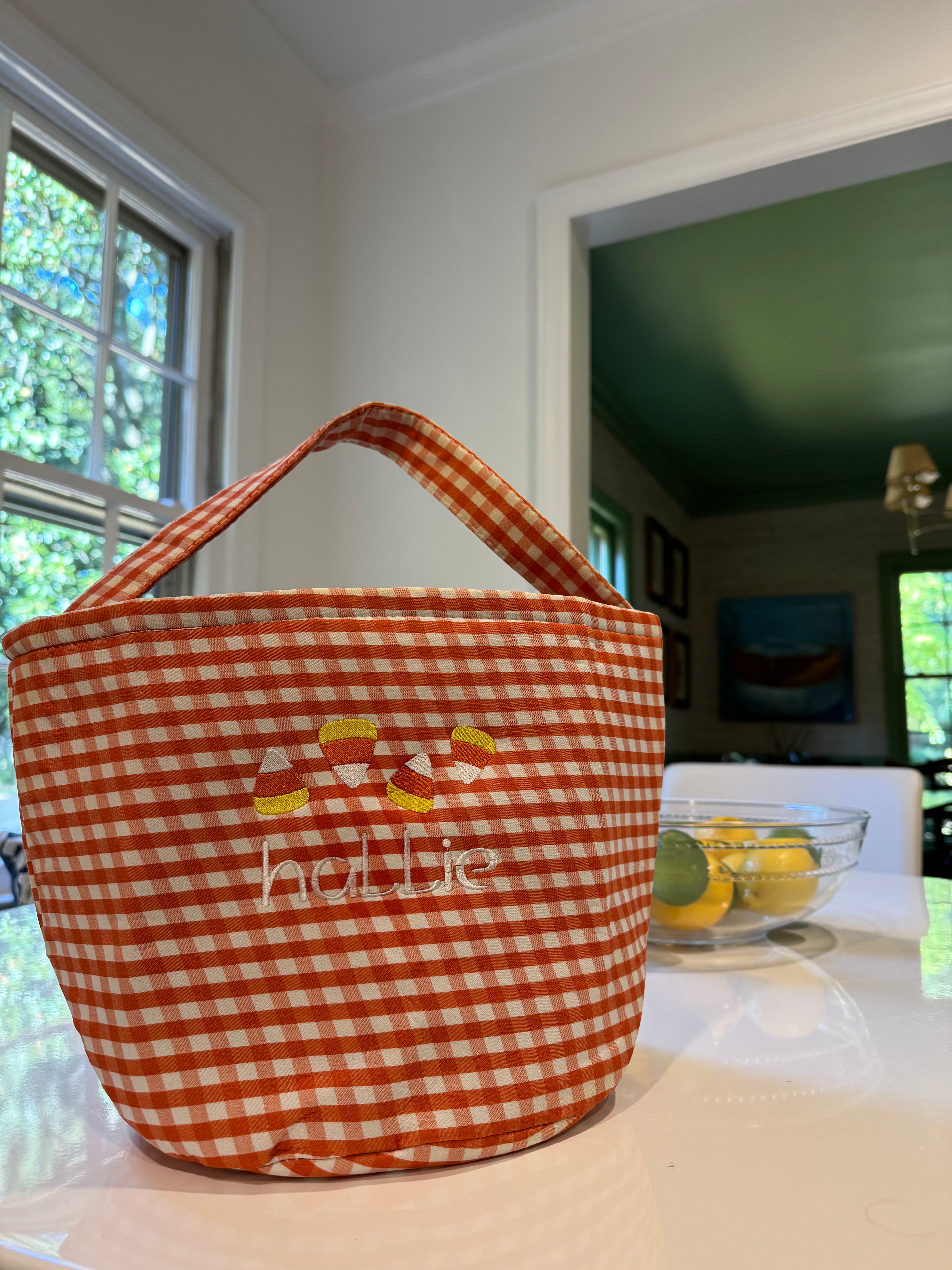 Personalized Gingham Trick-or-Treat Bag | Candy Corn Embroidery