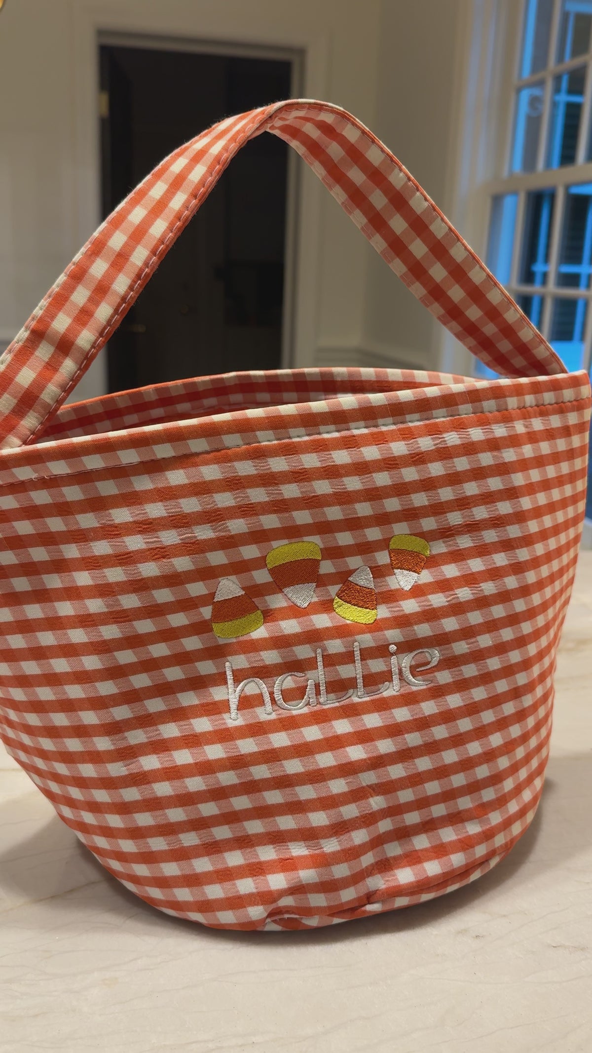 Personalized Gingham Trick-or-Treat Bag | Candy Corn Embroidery